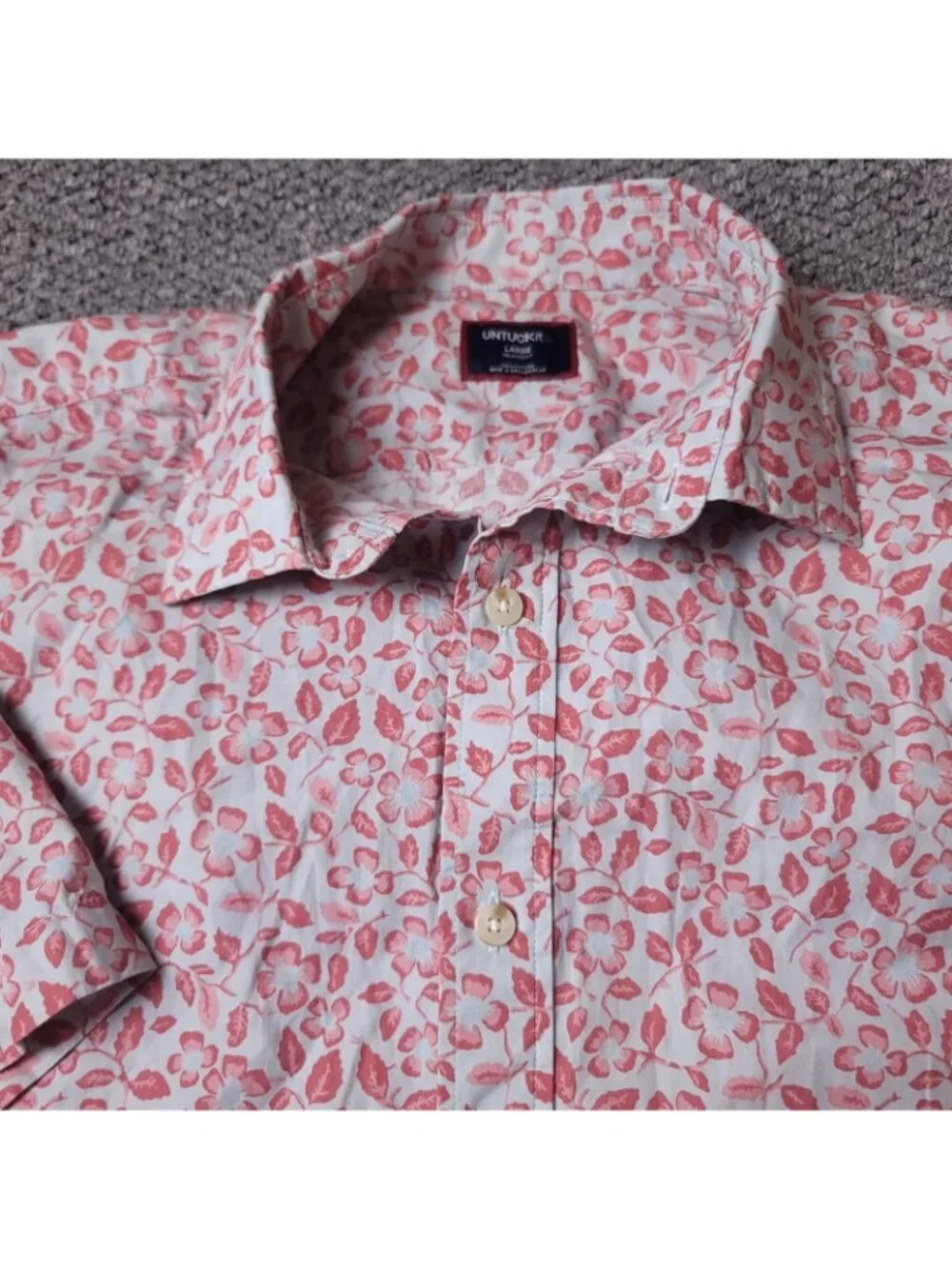 UNTUCKit Buchanan Shirt Mens L Large Relaxed Pink Button Floral Short Sleeve